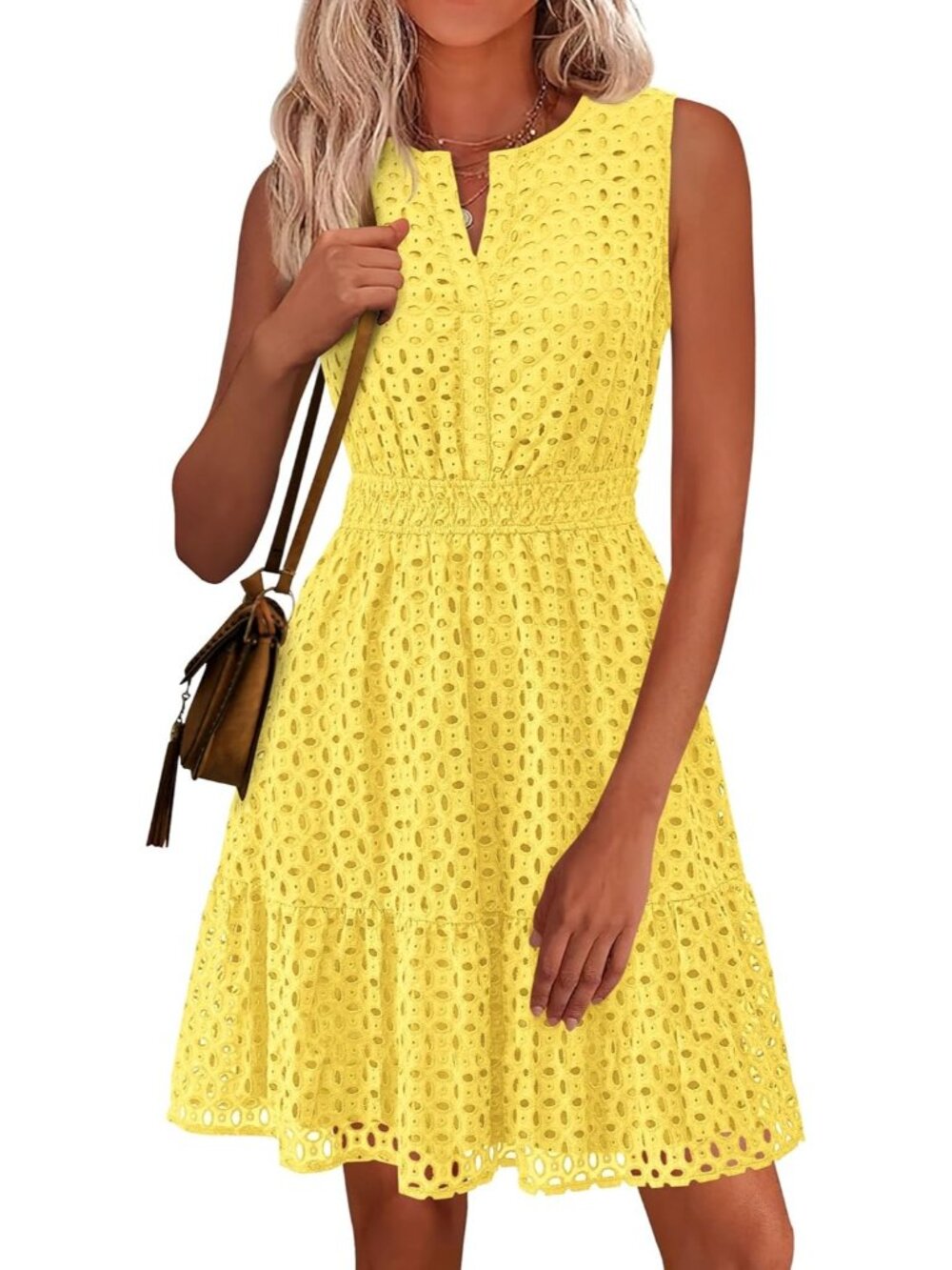Women's Yellow Summer Dress Sleeveless V Neck Eyelet Hollow Out Swing Sun Dress